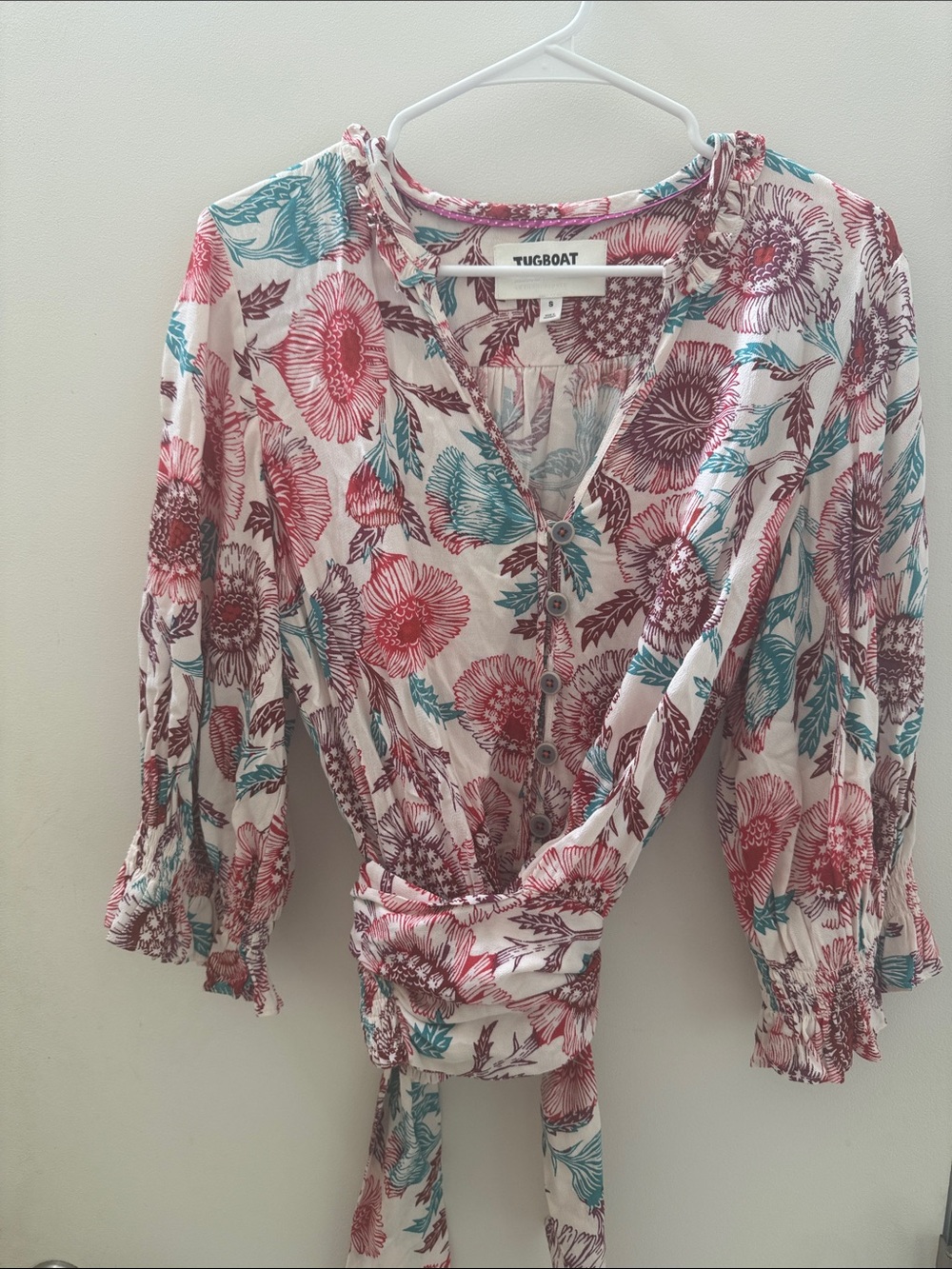 Tugboat Pink Floral Button-Front Wrap Blouse